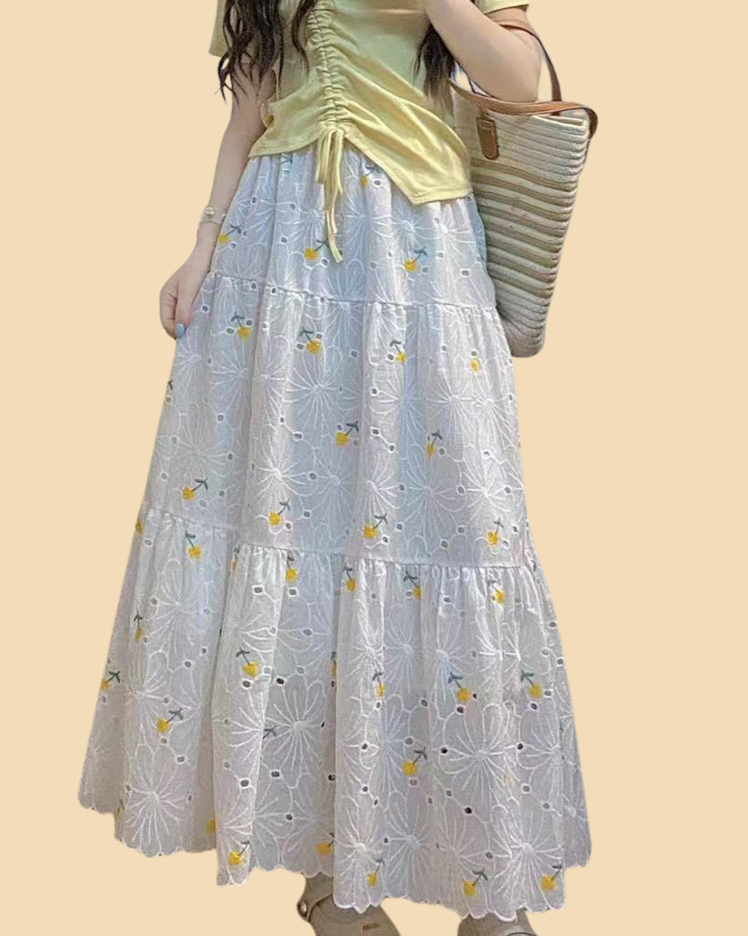 White Floral Embroidered Tiered Maxi/Midi Skirt