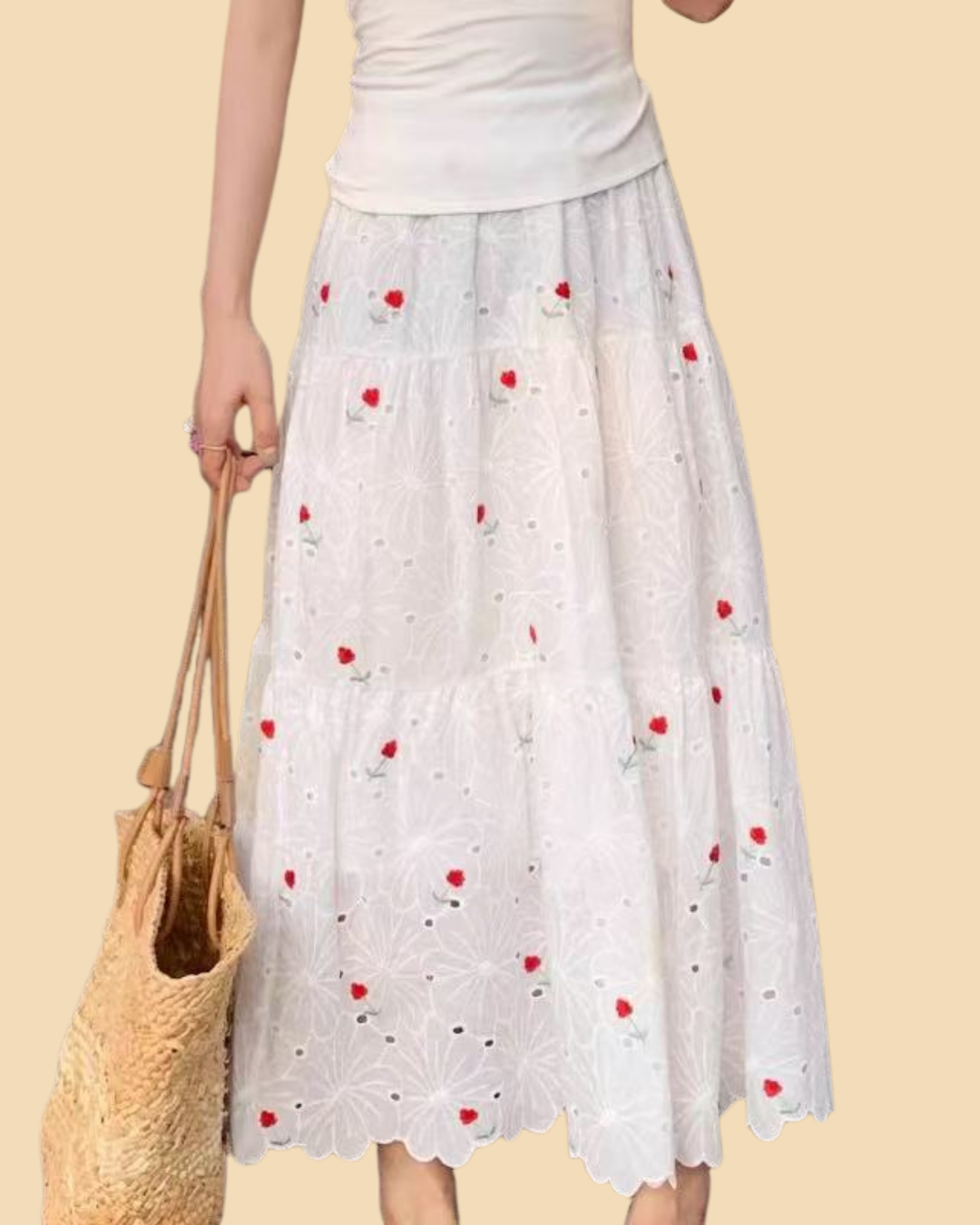 White Floral Embroidered Tiered Maxi/Midi Skirt