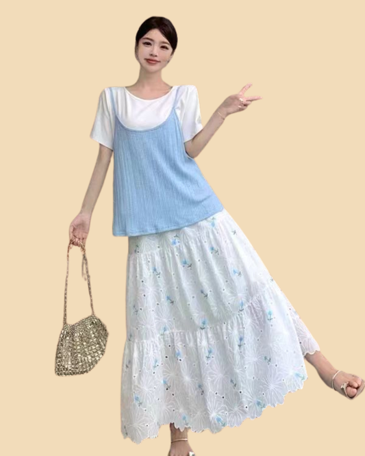 White Floral Embroidered Tiered Maxi/Midi Skirt