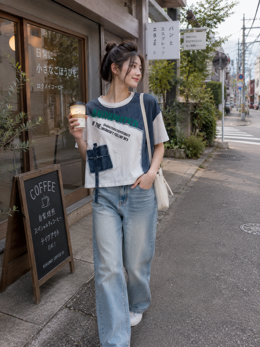 Denim Fusion Crop Tee White