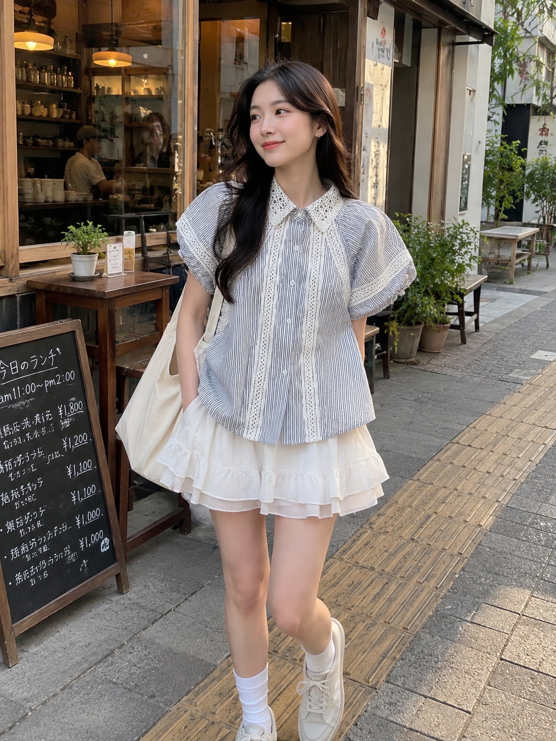 Lace Trim Blouse Blue