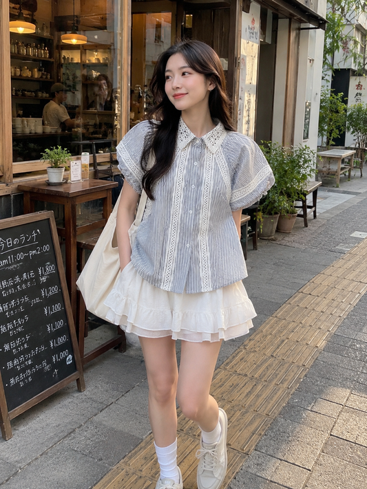 Lace Trim Blouse Blue