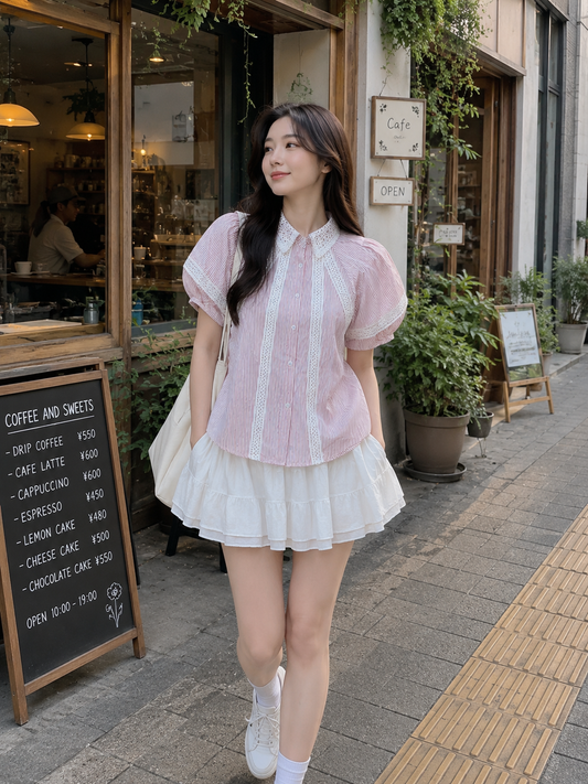 Lace Trim Blouse Pink