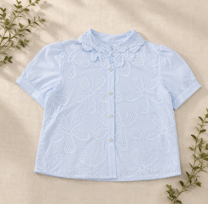Embroidered Eyelet Blouse Light Blue